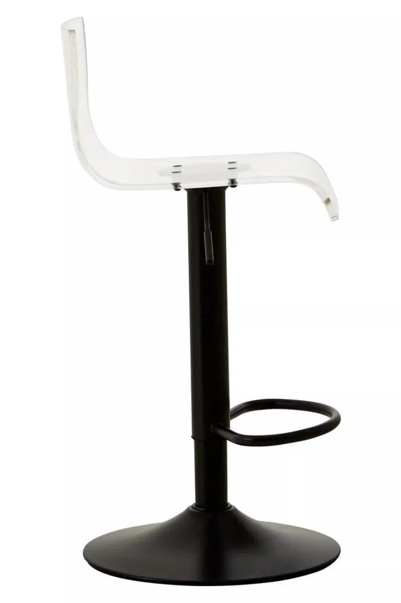 Clear acrylic bar stool with black metal base and footrest, side angle view