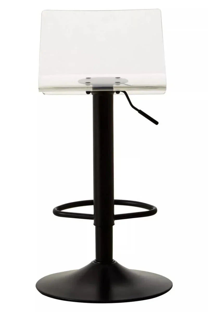 Clear acrylic bar stool with black metal base and circular footrest, front view