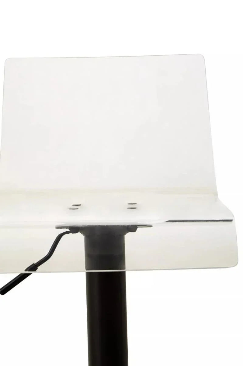 Clear acrylic bar stool seat with black adjustable base and lever, close-up view