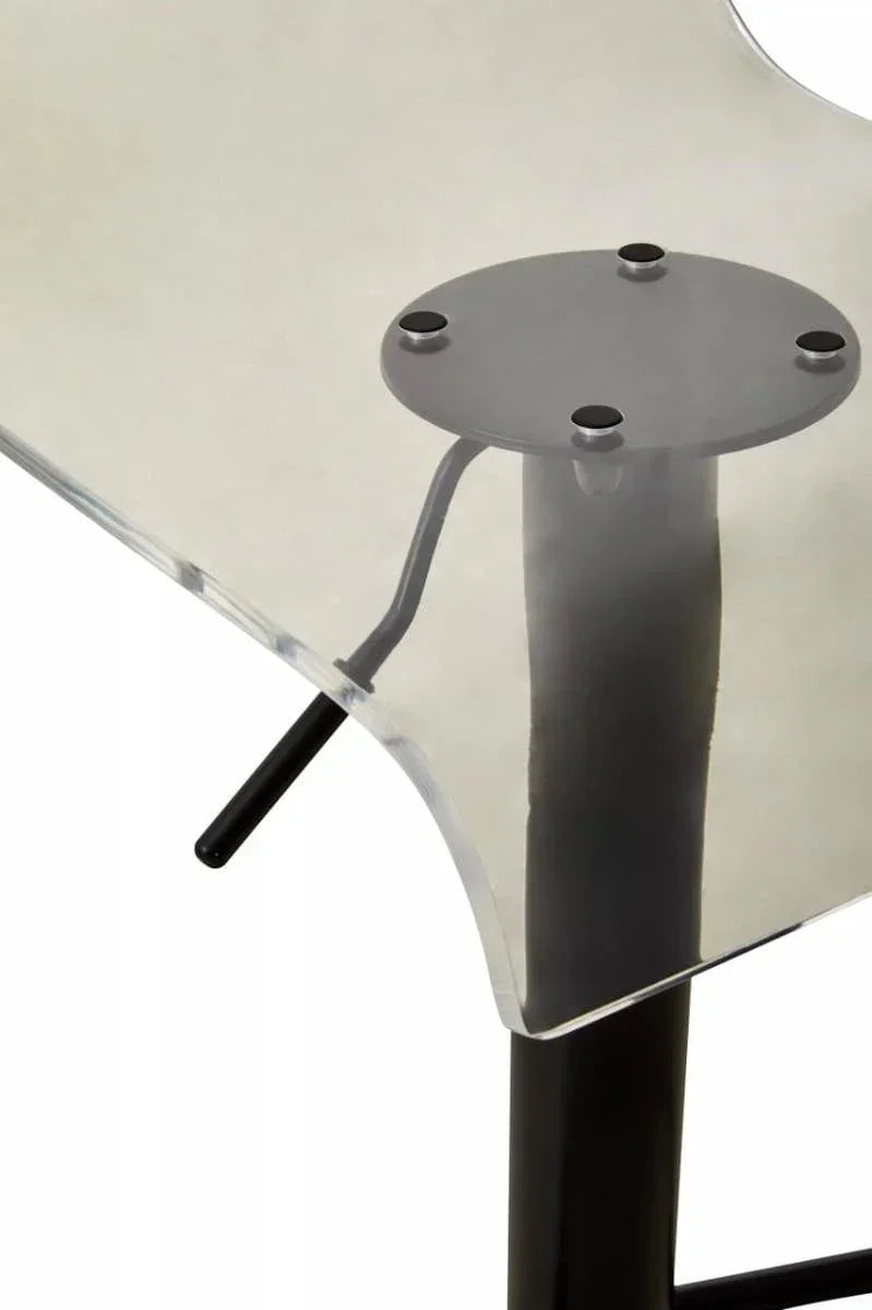 Clear glass dining table top with black metal base and support bracket