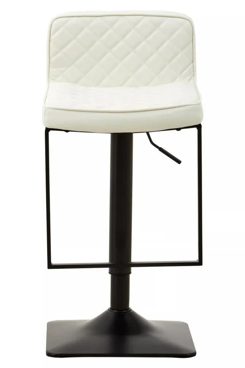 White bar stool with quilted seat, metal base, and height adjustment lever, front view