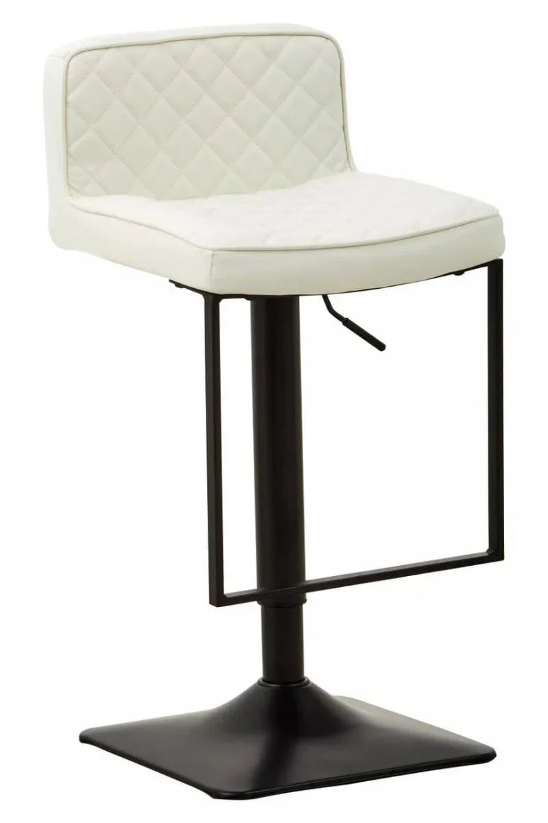 White bar stool with quilted backrest and black metal base, side lever visible