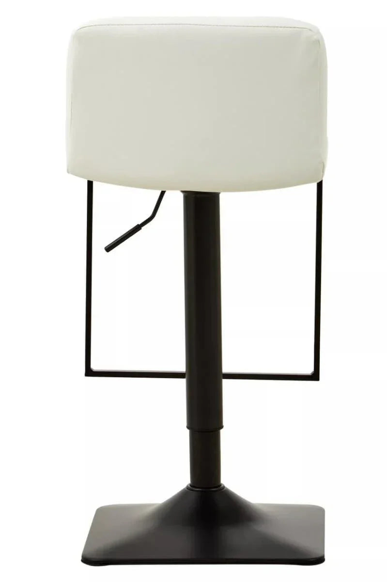 White leather bar stool with square backrest and black metal base, rear view