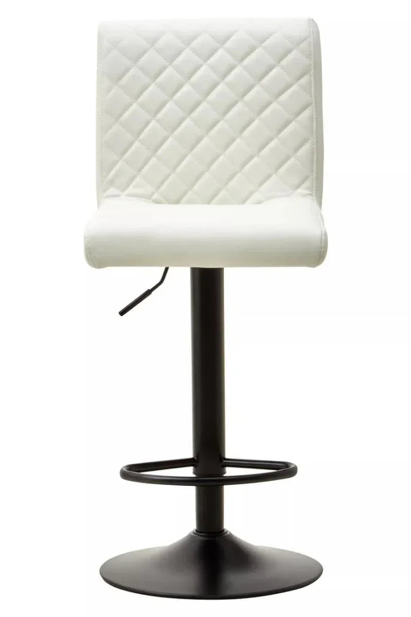 White bar stool with quilted backrest, black base, and footrest front view
