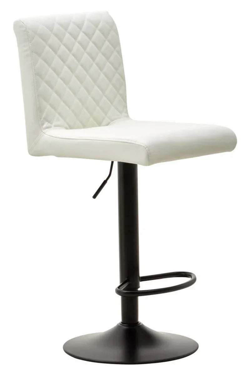 White bar stool with quilted backrest and black pedestal base