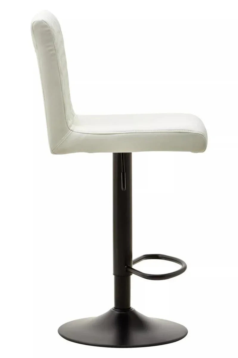 White faux leather bar stool with black pedestal base and footrest, side view