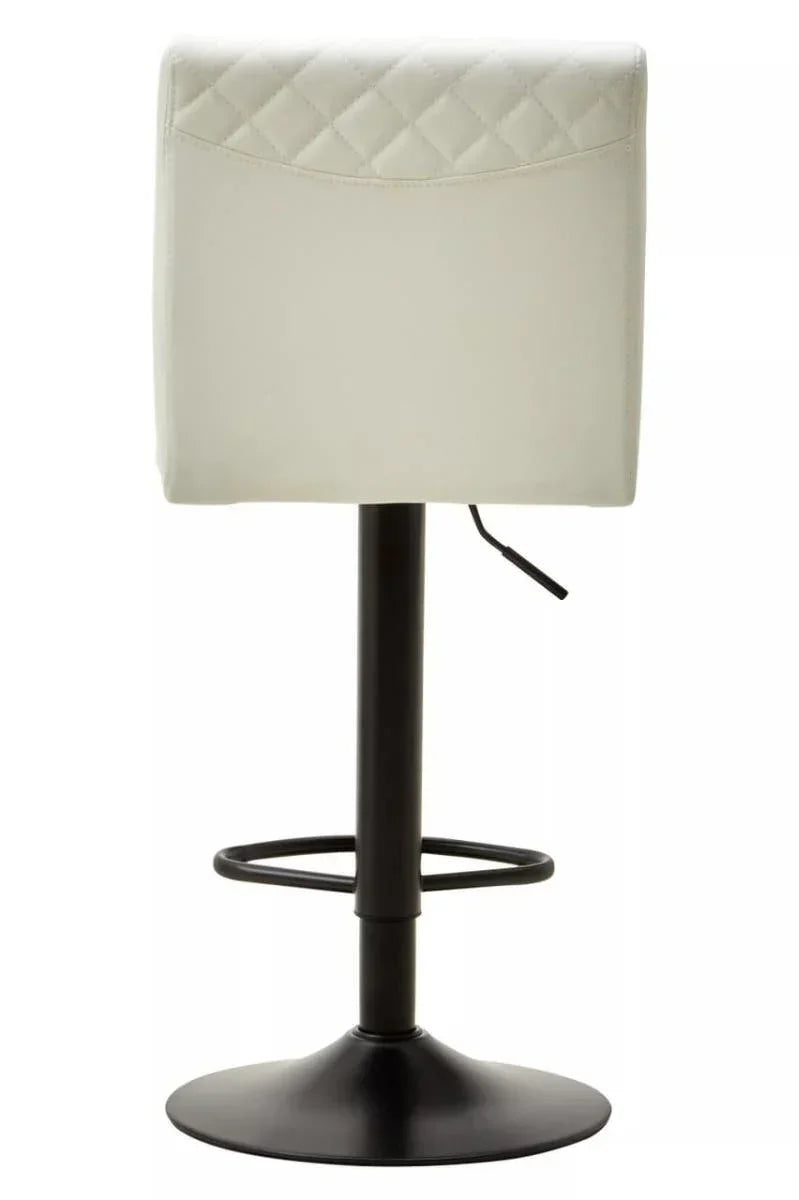 Back view cream bar stool with diamond-stitched backrest and black swivel base