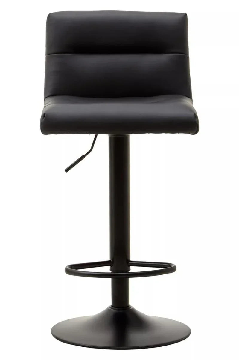 Black bar stool with padded seat, backrest, metal base and integrated footrest