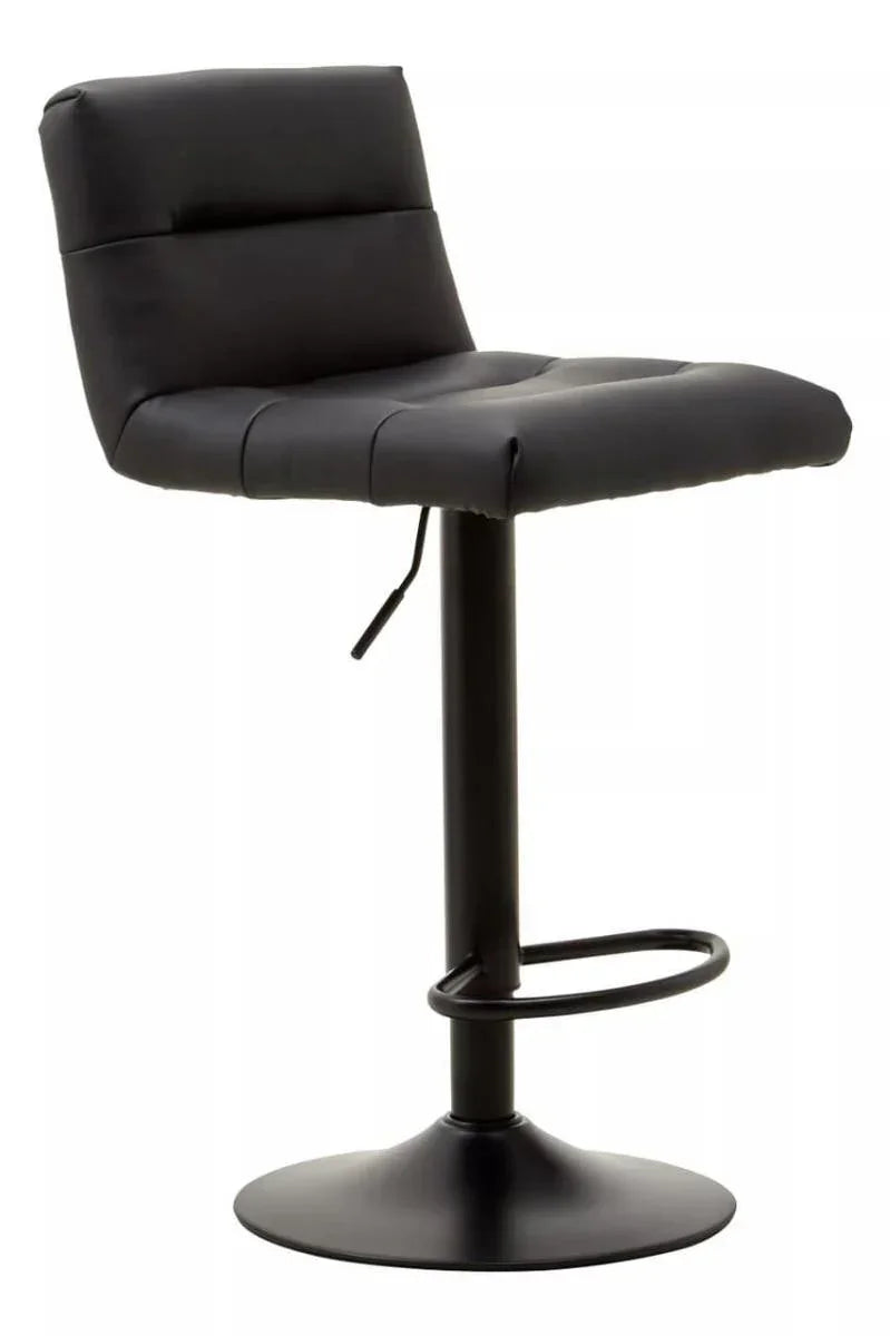 Black leather bar stool with padded seat, footrest, and adjustable metal base