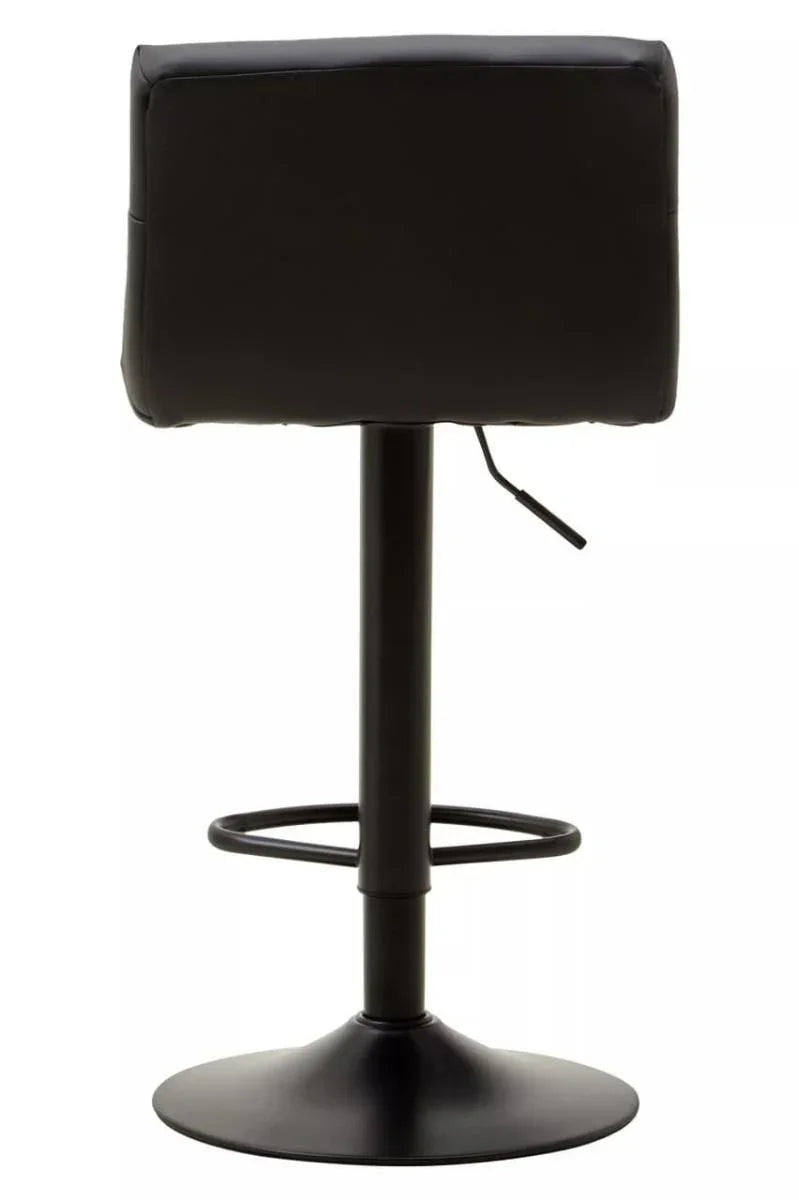 Black bar stool with padded backrest, circular footrest and metal base, rear view