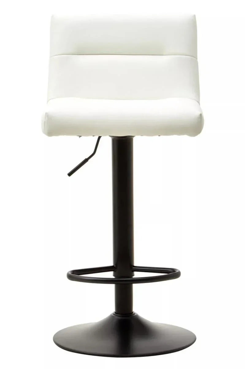 White leather bar stool with black metal base and footrest, front view