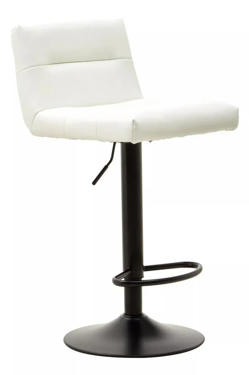 White bar stool with padded seat, low backrest and black metal base