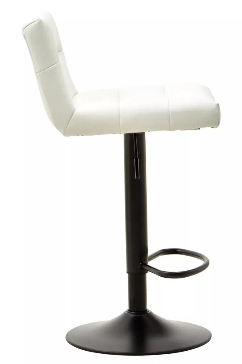 White leather bar stool with padded seat and backrest, black metal pedestal base, side view