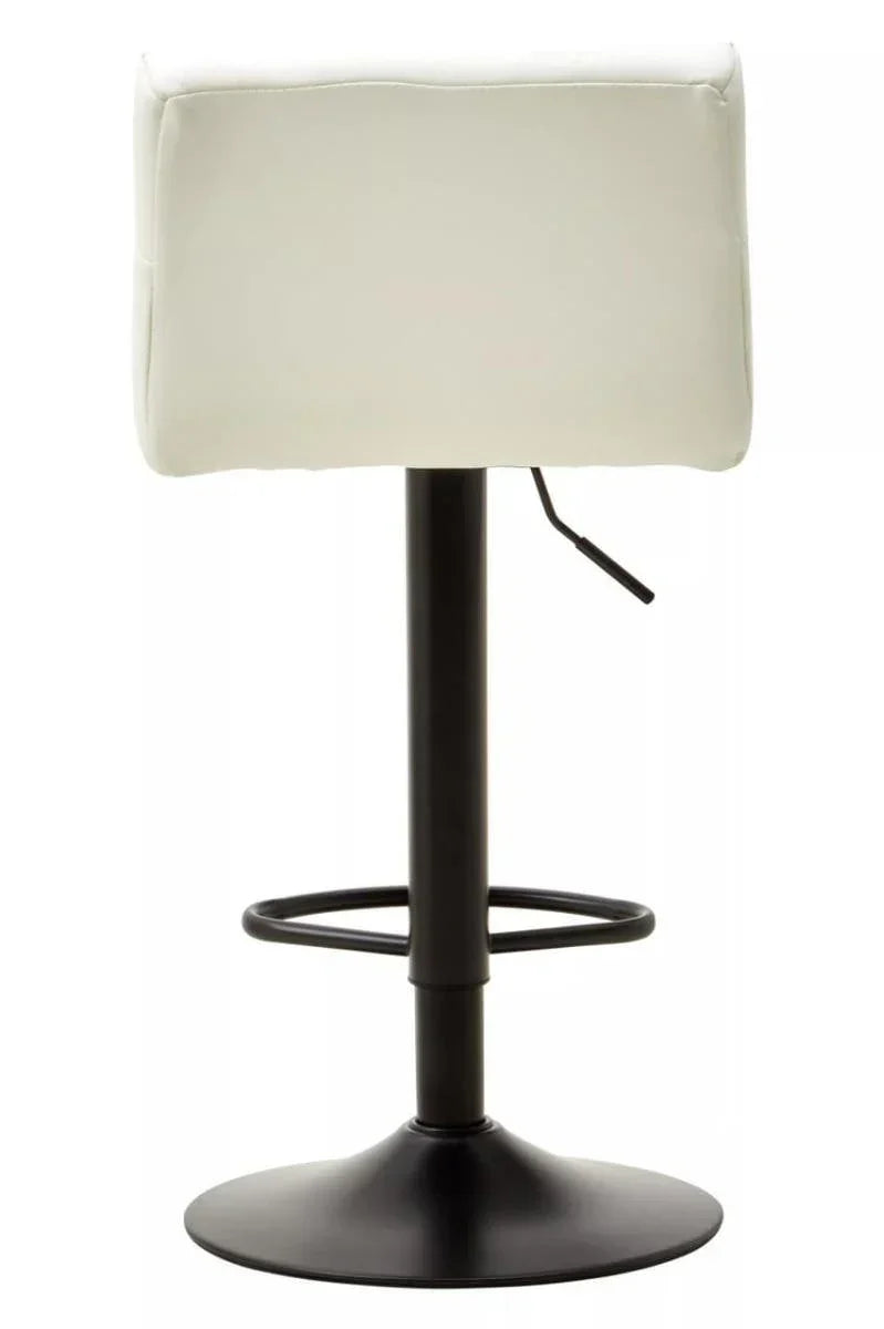 Back view of white bar stool with black pedestal base and footrest