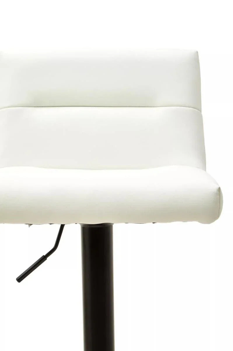 White bar stool with cushioned seat and backrest, black metal base and adjustable lever