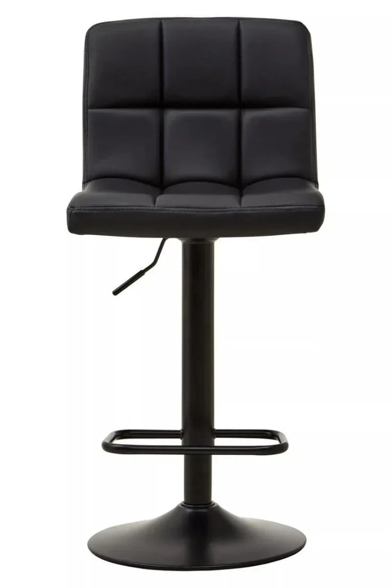 Black faux leather bar stool with square stitching and metal base, front angle view