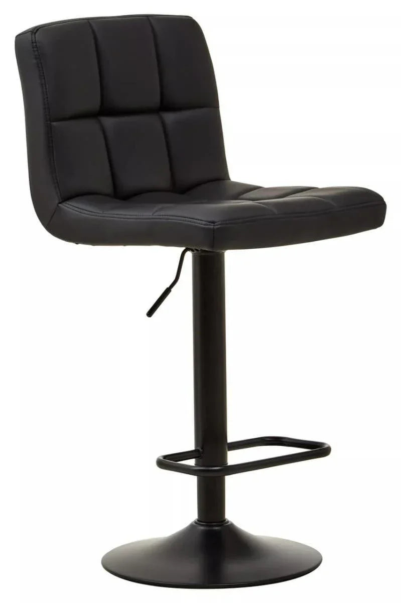 Black faux leather bar stool with cushioned seat, metal base, and footrest side angle