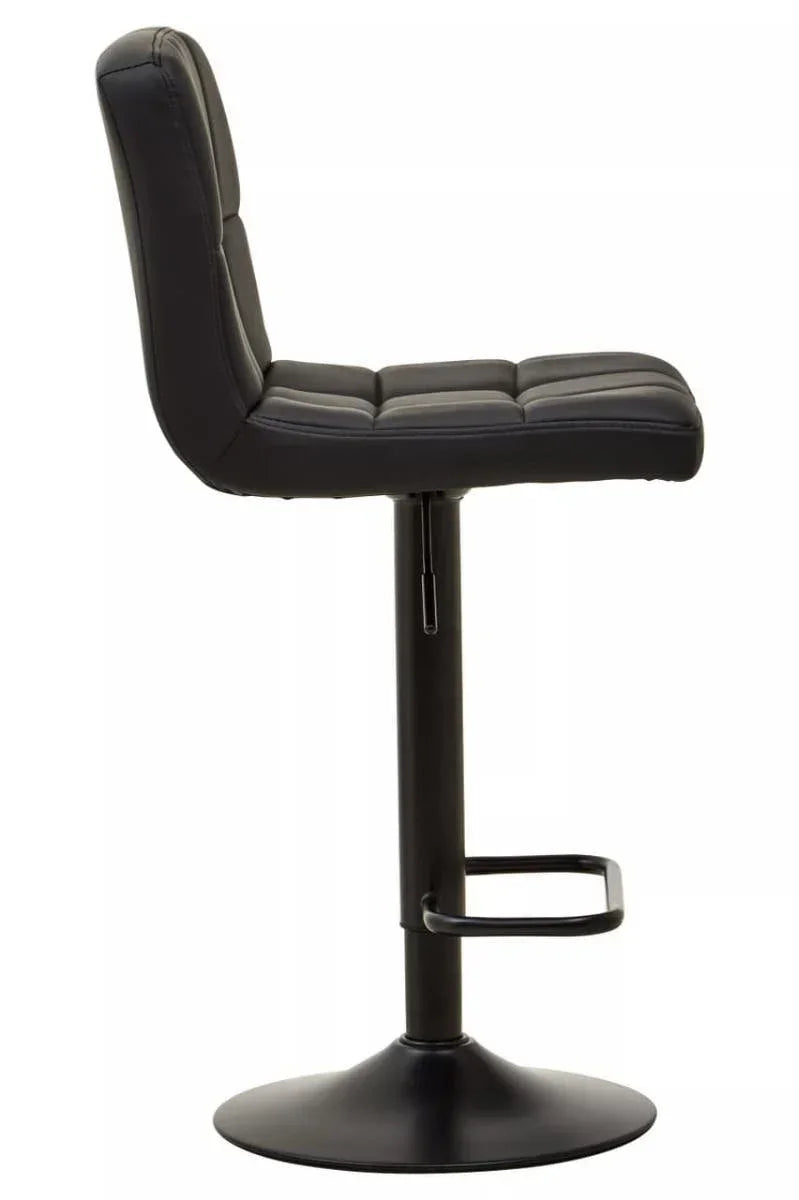 Black leather bar stool with square stitching, pedestal base and integrated footrest side view