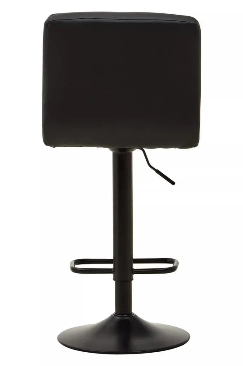 Back view of black bar stool with square seat, footrest, and pedestal base