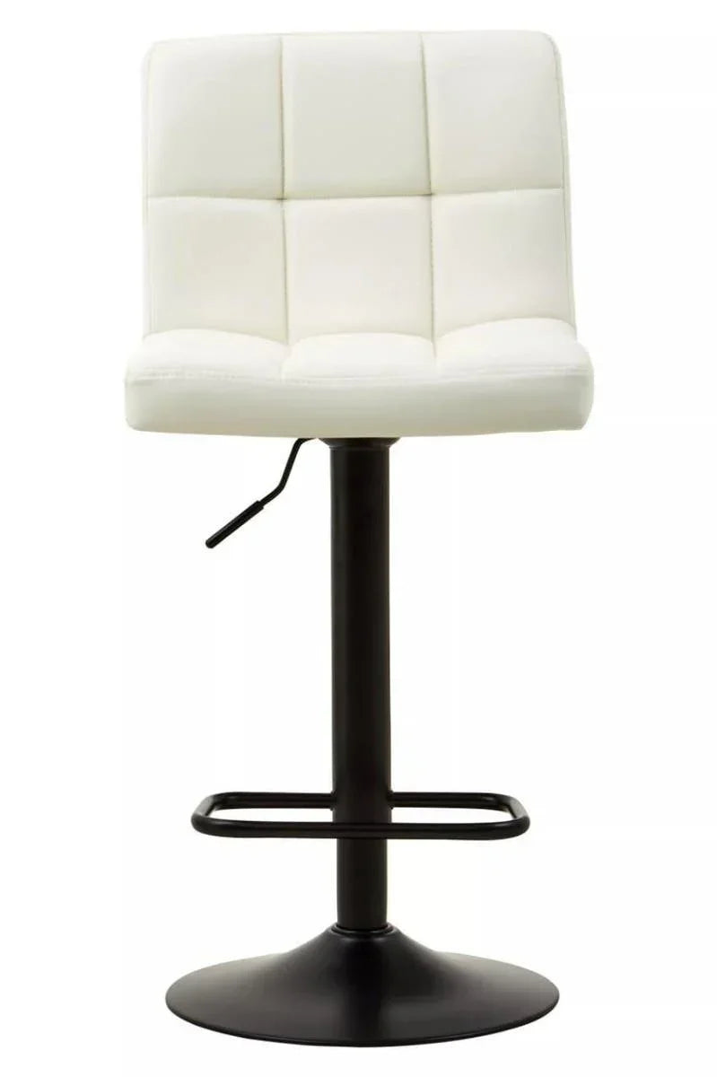 White bar stool with cushioned seat, black metal base, adjustable height and footrest