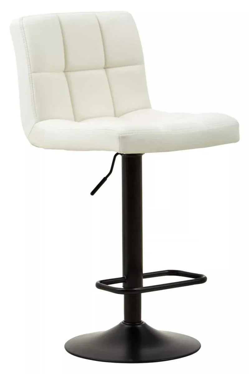 White faux leather bar stool with black pedestal base and footrest