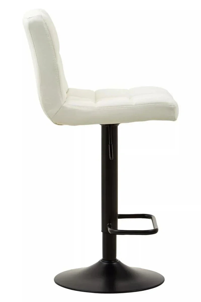 White bar stool with padded seat, black pedestal base and footrest, side view