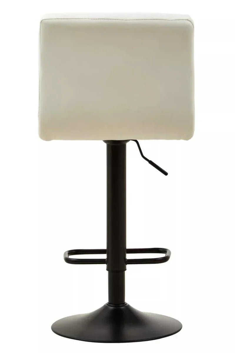 Back view of cream bar stool with square padded seat and black metal base