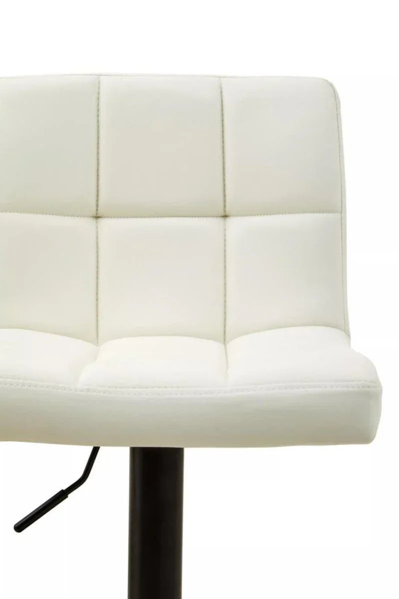 White leather bar stool with square stitched backrest and black adjustable metal base