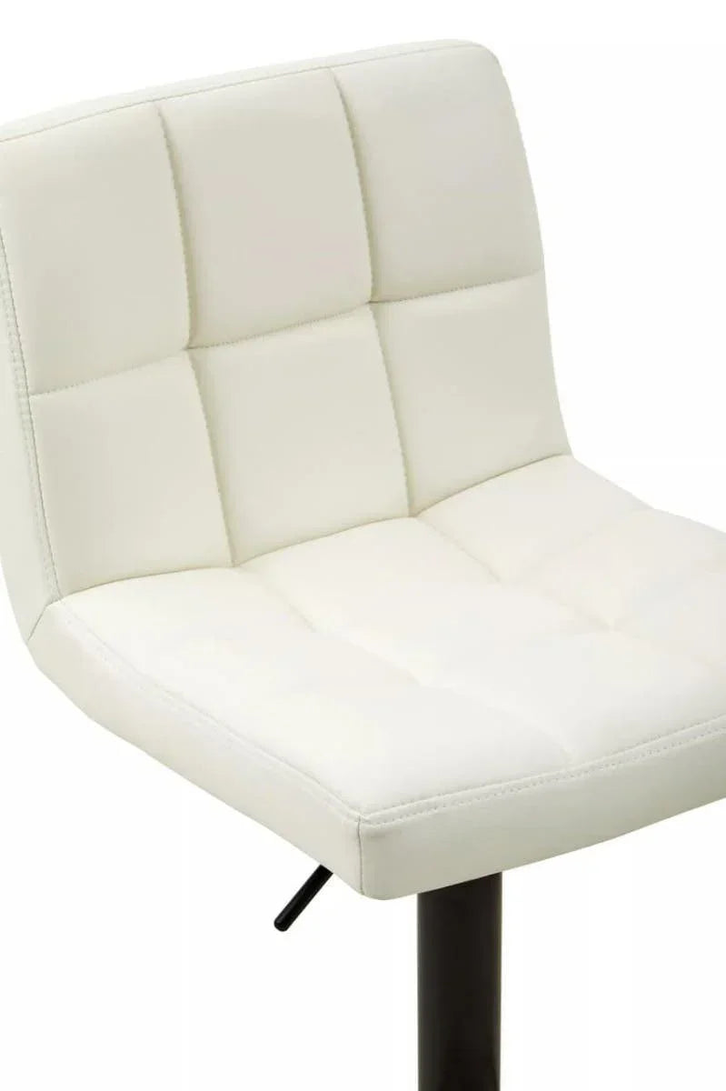 White faux leather bar stool seat with quilted cushion and adjustable black metal base