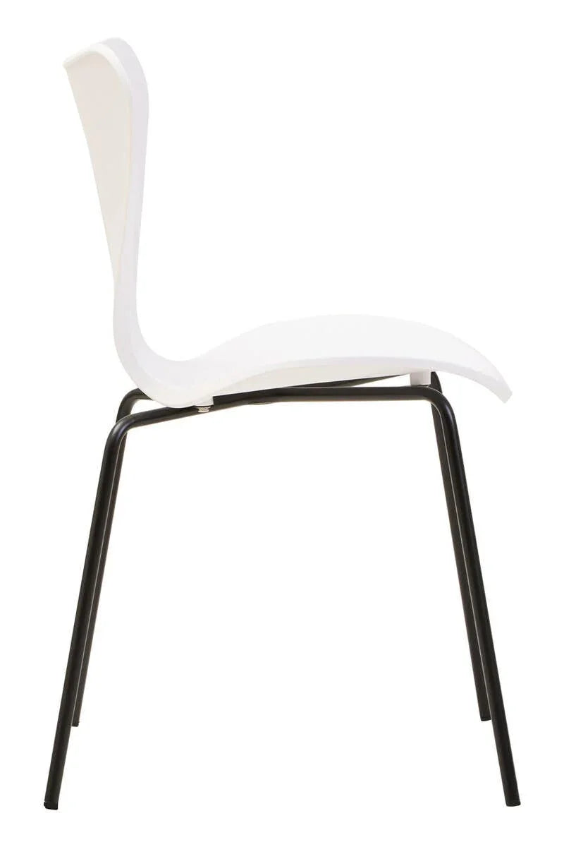 Modern white dining chair with curved seat and black metal legs side view