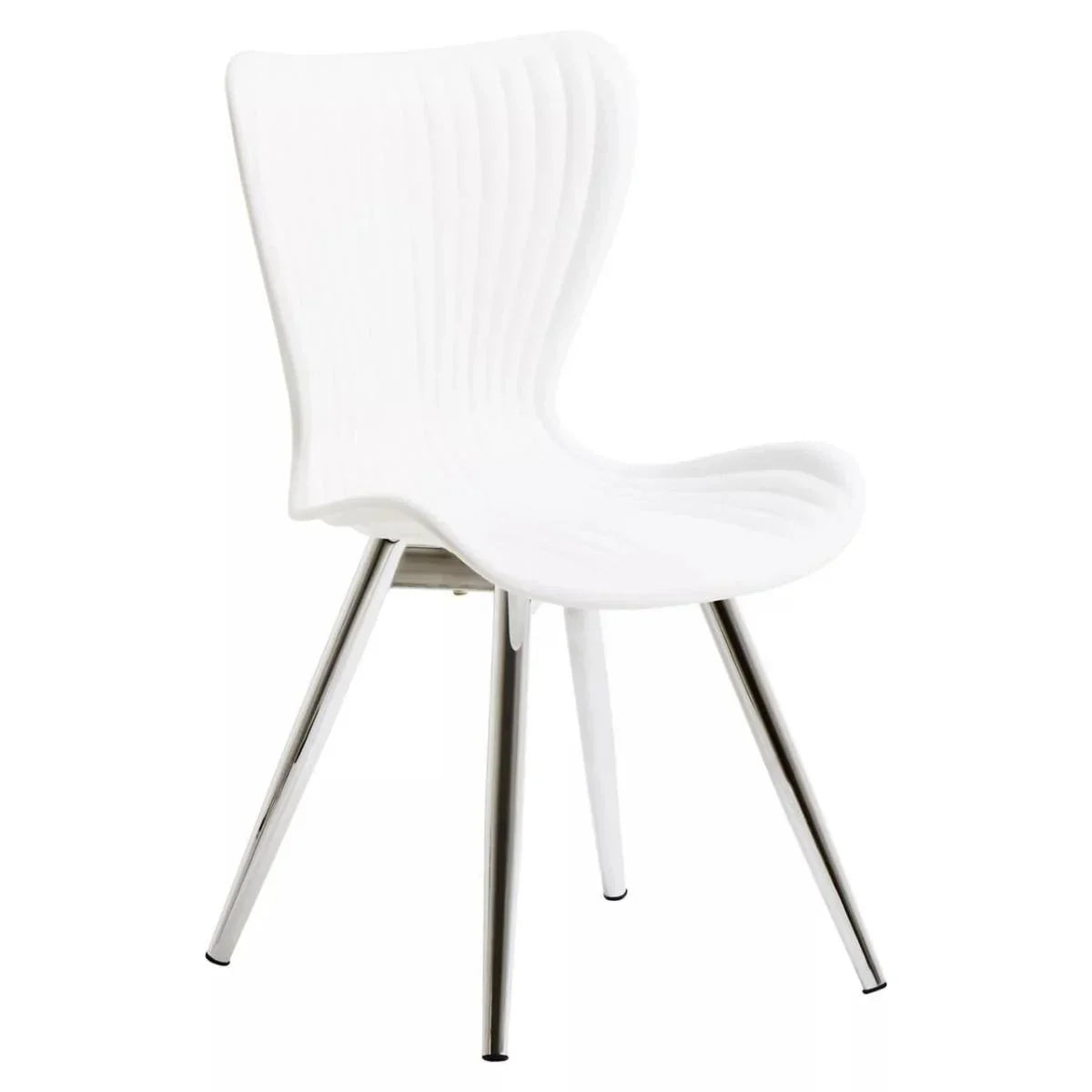 White dining chair with ribbed plastic seat and chrome metal legs on white background