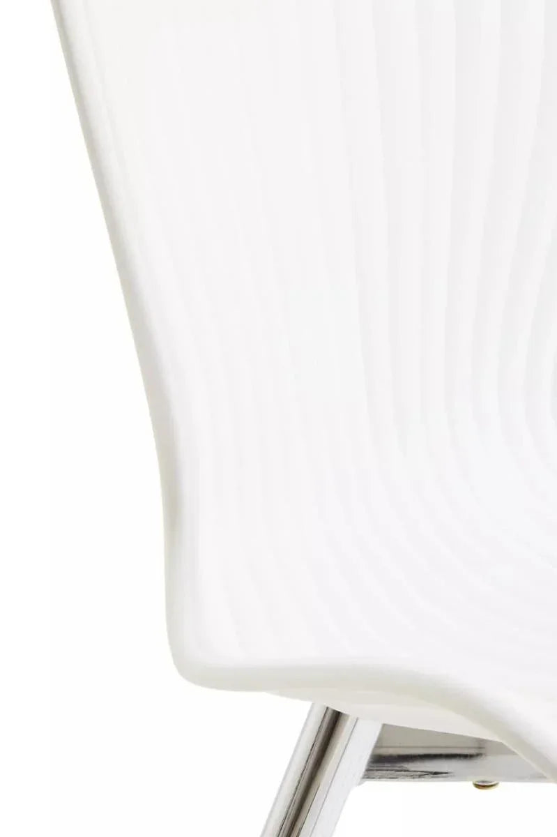 White plastic dining chair with curved seat and chrome legs, close-up view
