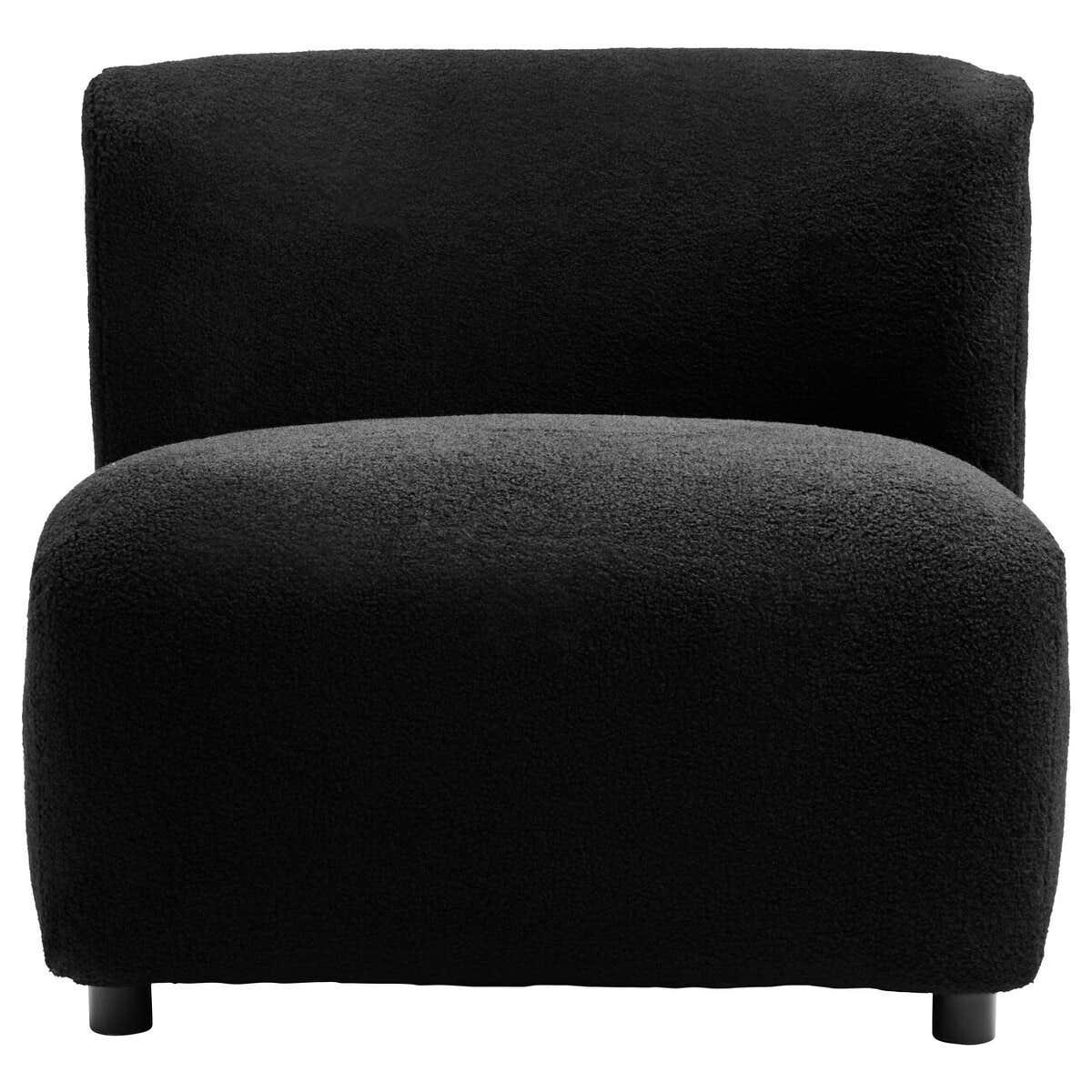 Black boucle accent chair with low back and curved seat, front view on white background
