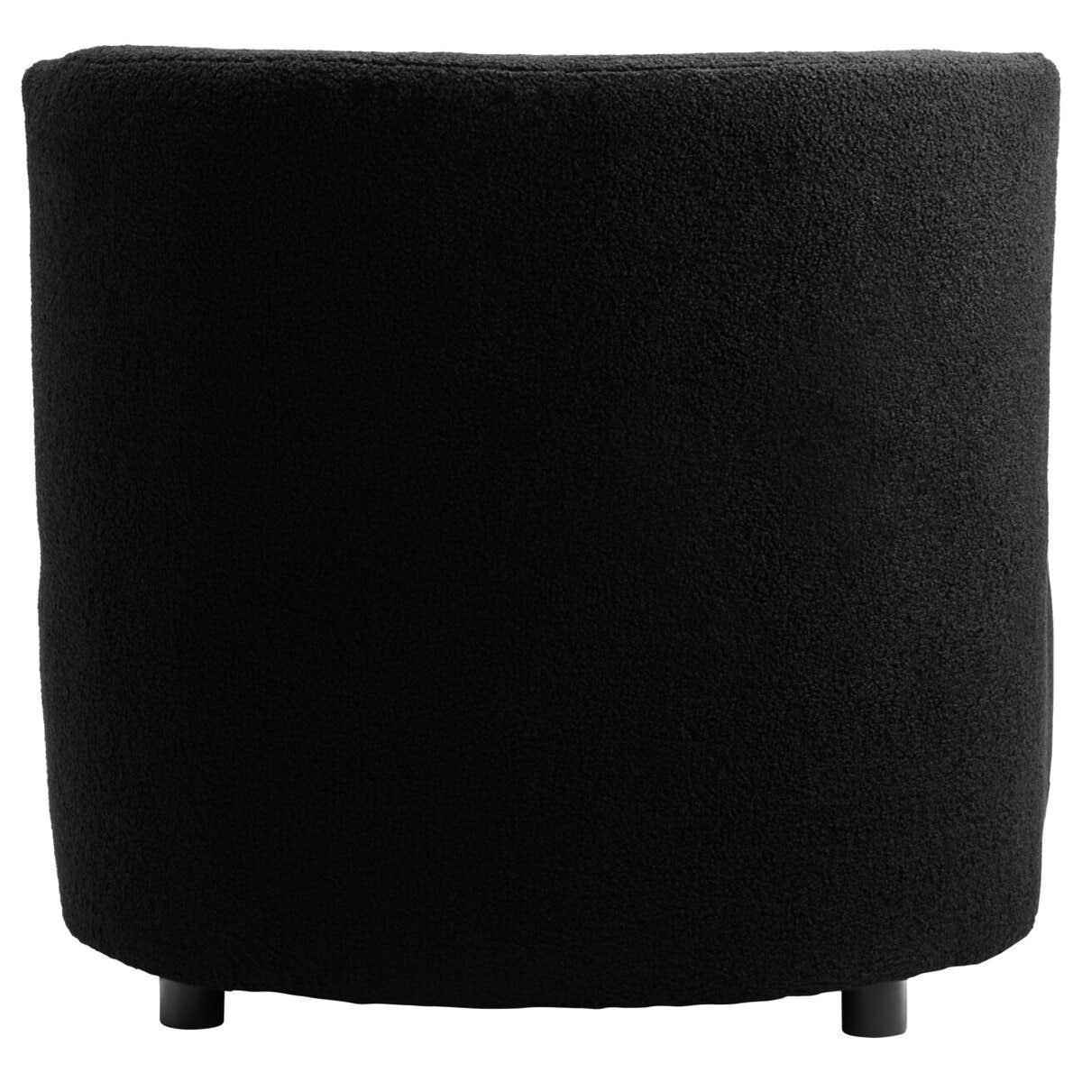 Back view of black boucle accent chair with curved design and short round legs