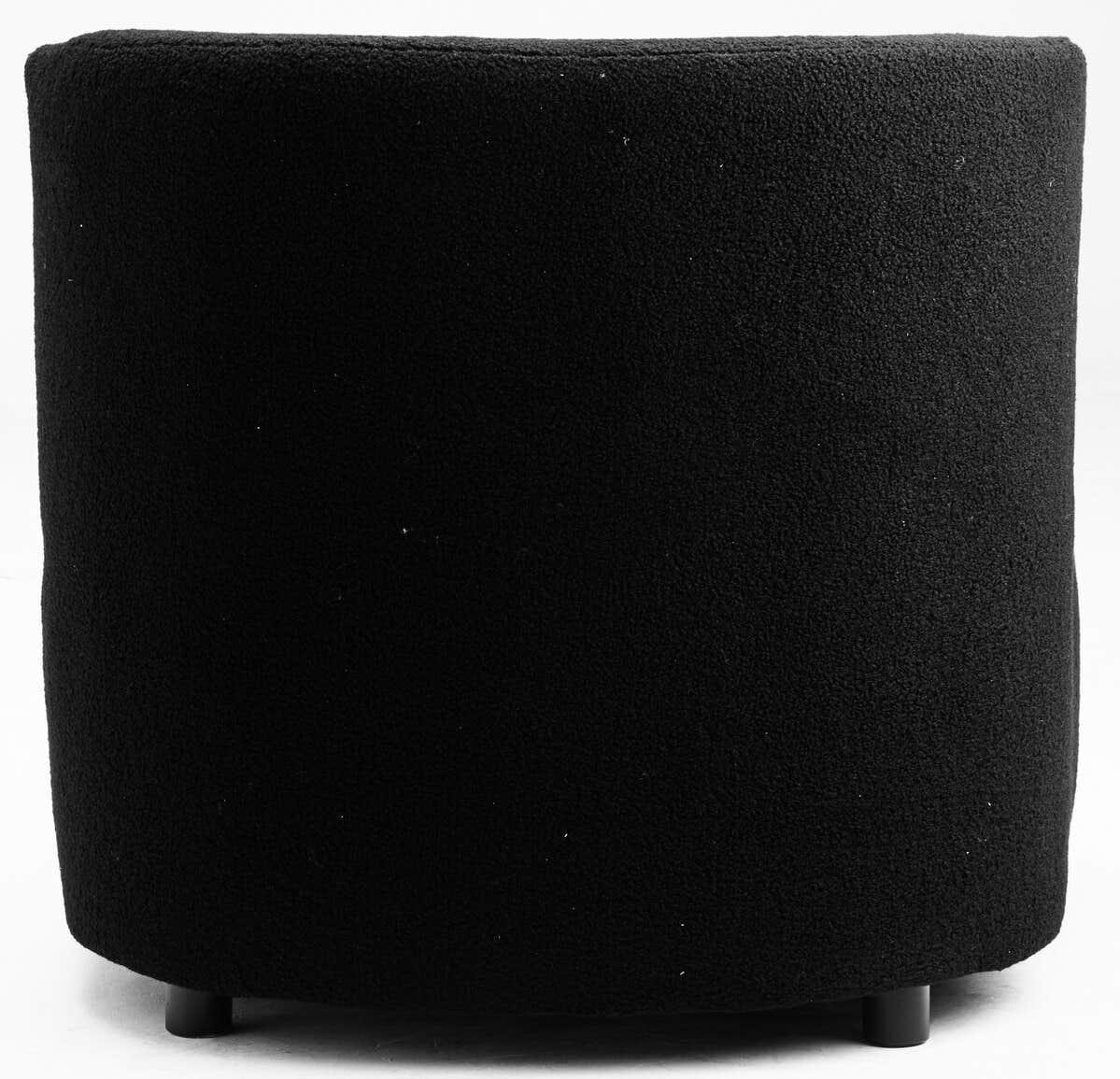 Curved black boucle accent chair back view with short legs on white background