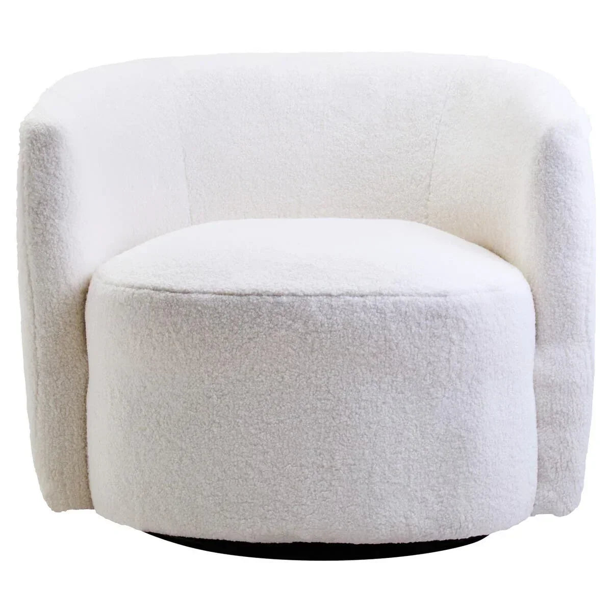 White boucle accent chair with curved backrest and plush upholstered seat, front view