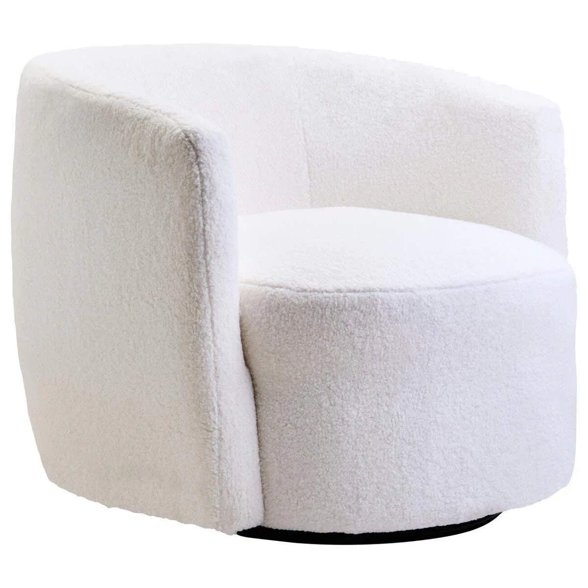 Curved white boucle accent chair with swivel base and upholstered seat