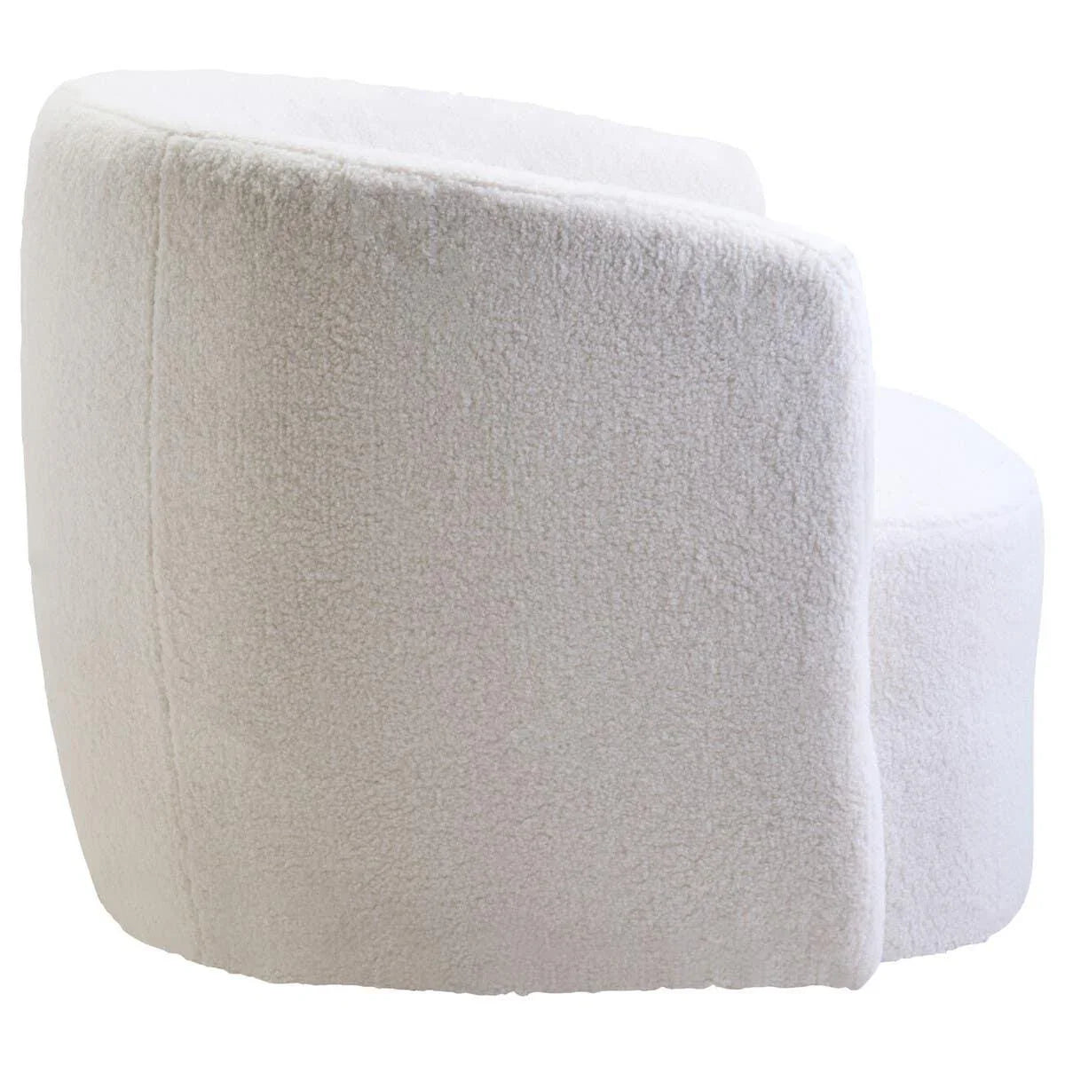 Curved boucle accent chair in cream fabric shown from rear angle