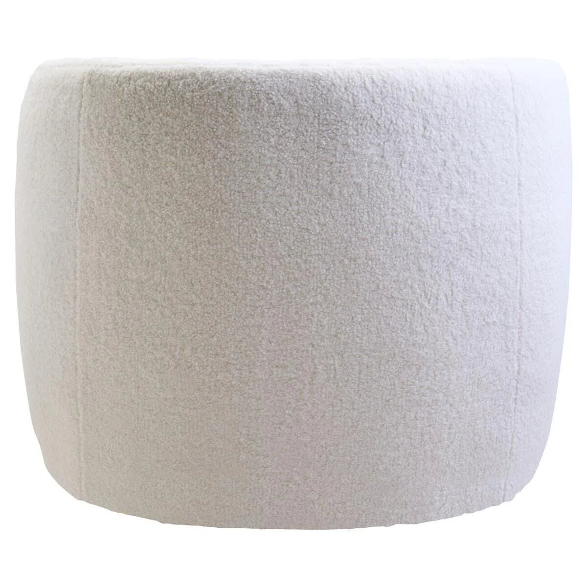 Round boucle footstool in cream fabric with textured upholstery, side angle view