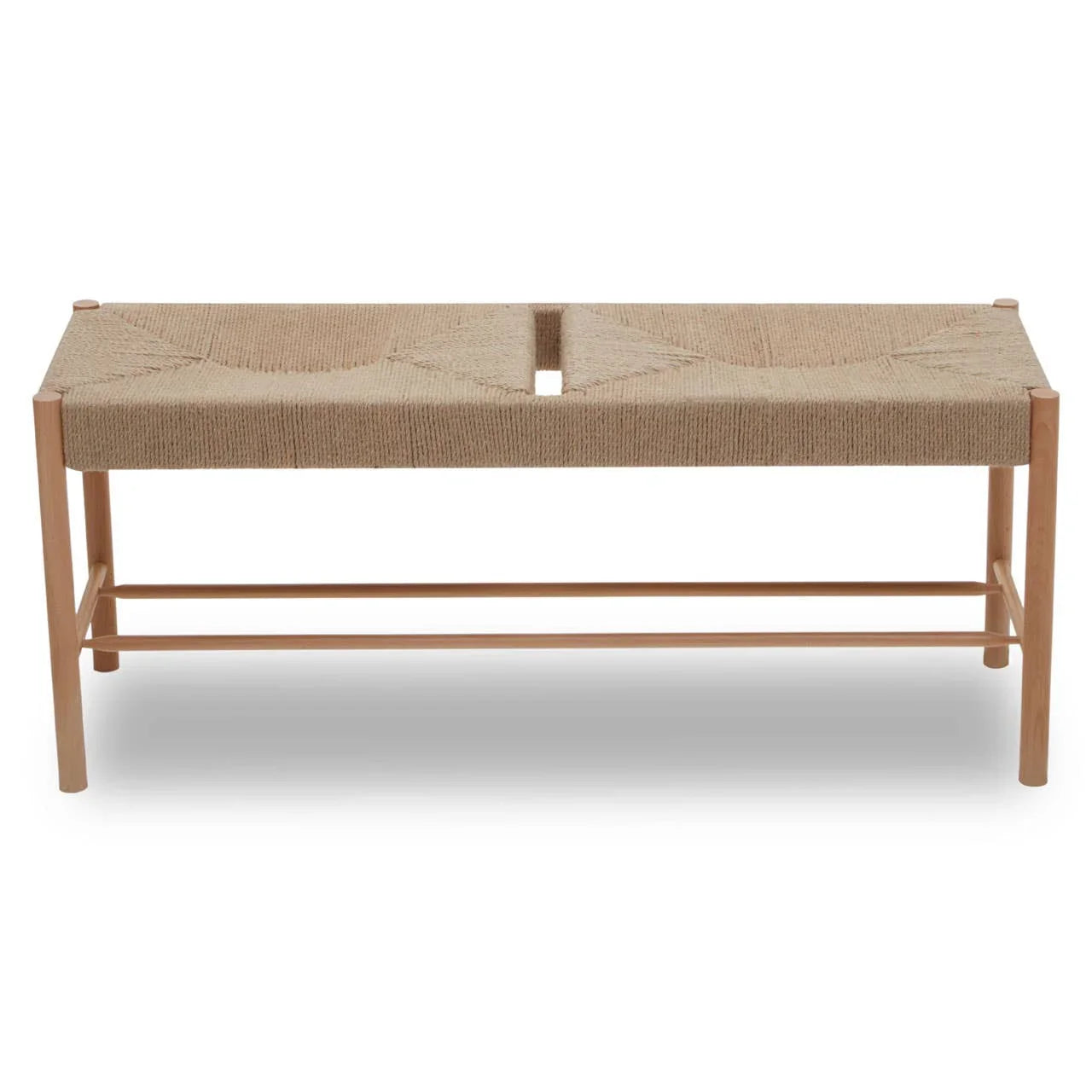 Natural wood bench with woven rope seat and open center detail, front angle view