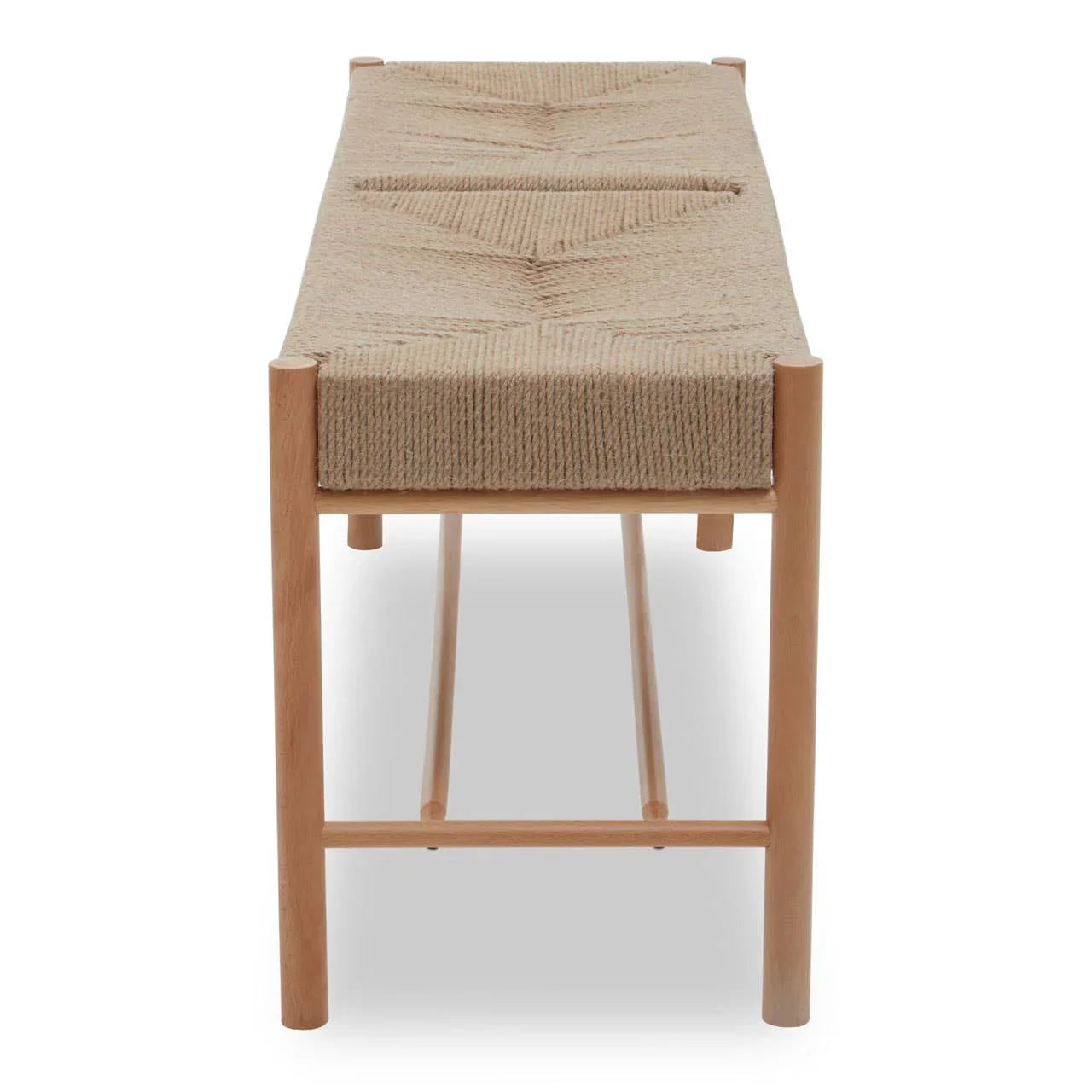 Natural wood dining bench with woven rope seat, viewed from the front angle
