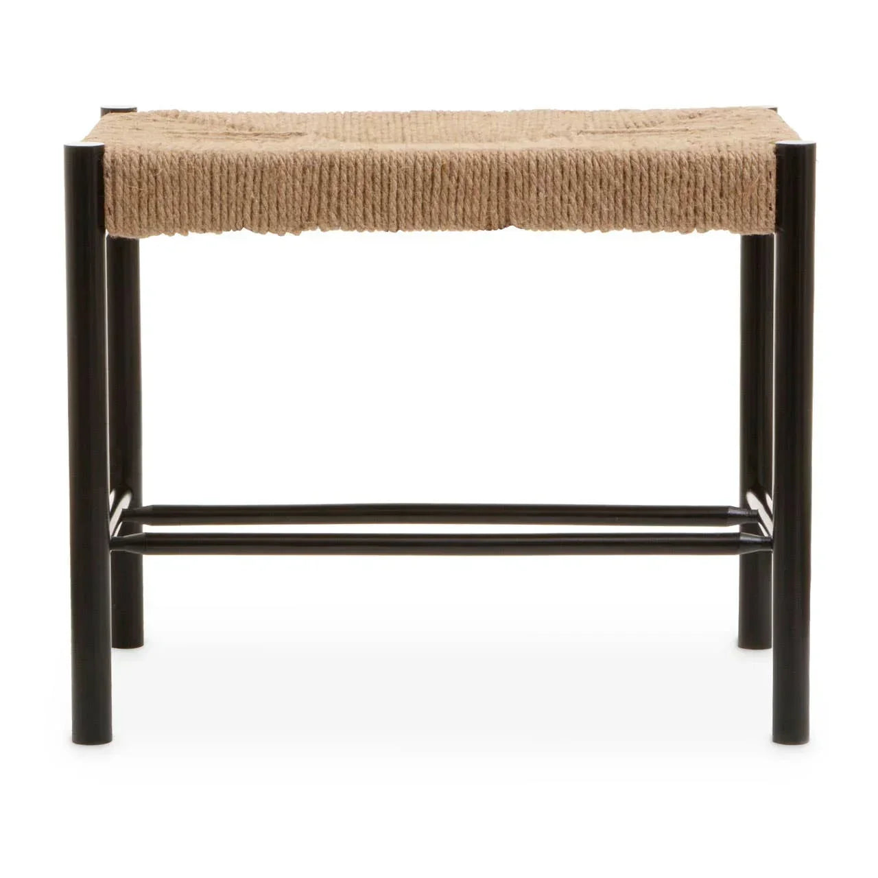 Woven rope seat stool with black metal legs, front view
