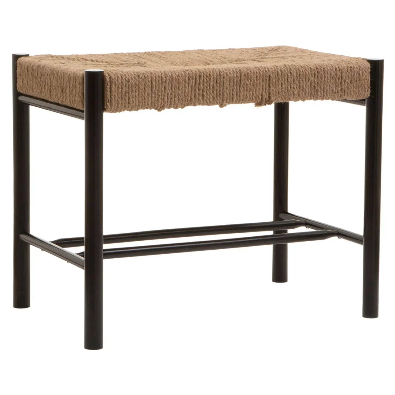 Woven rope seat stool with black metal frame, minimalist design, front view