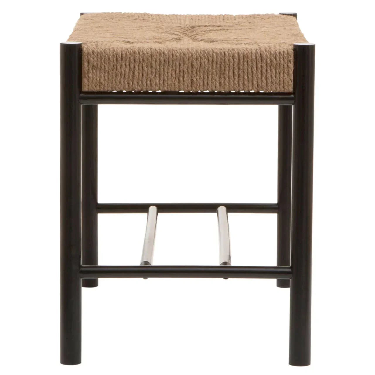Woven rope seat stool with black metal legs, front view highlighting frame and texture