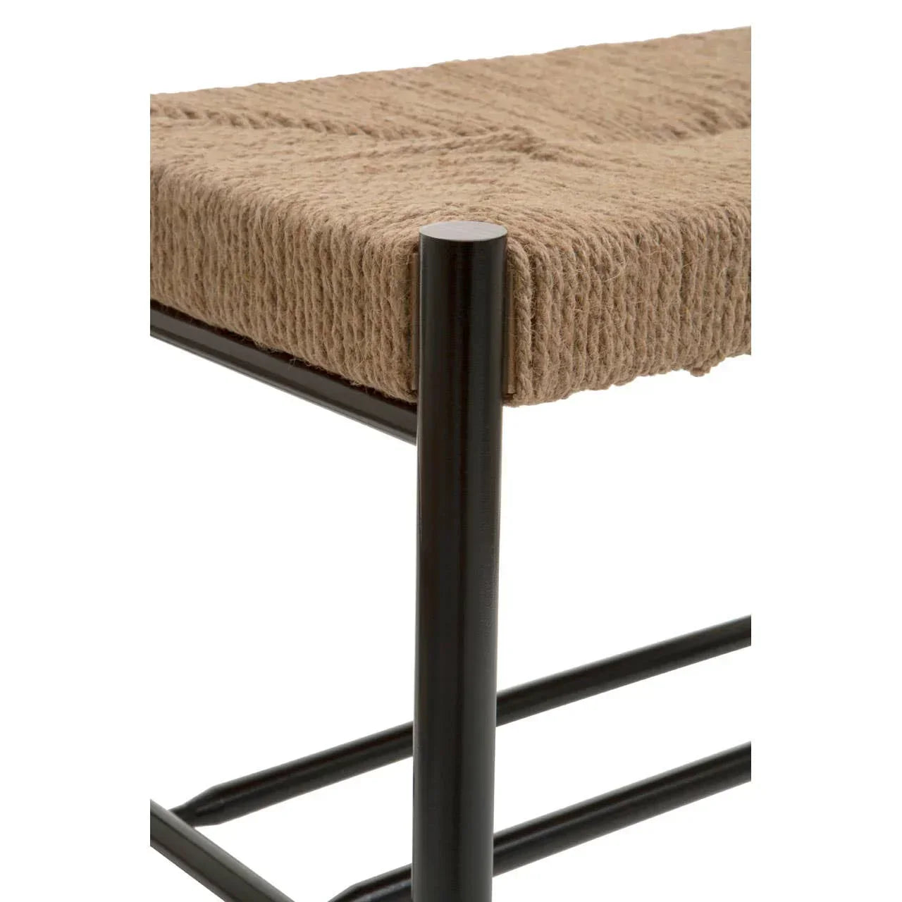 Close view of woven rope bench seat with black metal legs