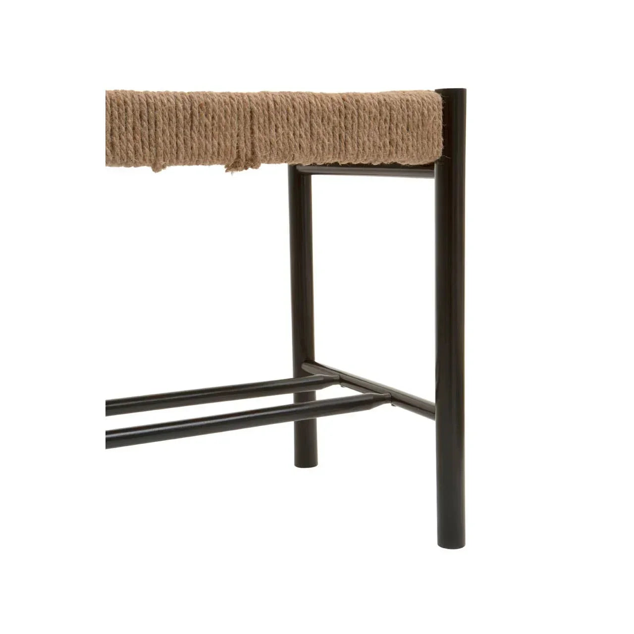 Close-up of a stool with black metal legs and woven rope seat detail