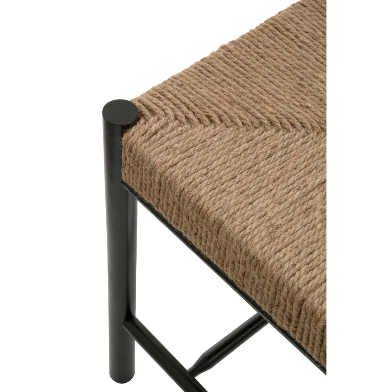 Close view of woven rope seat on black metal frame stool