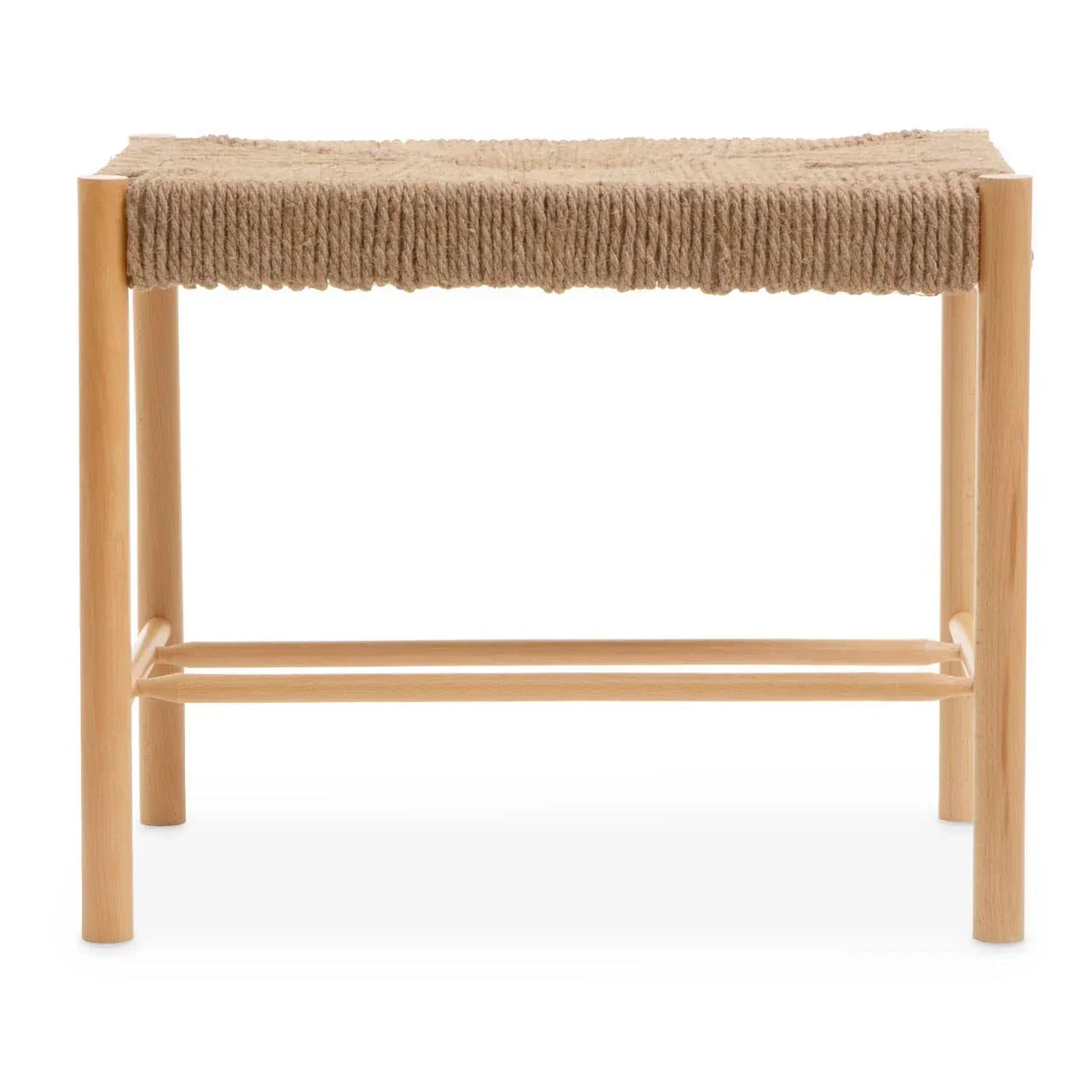 Natural wood stool with woven rope seat and square frame, front view