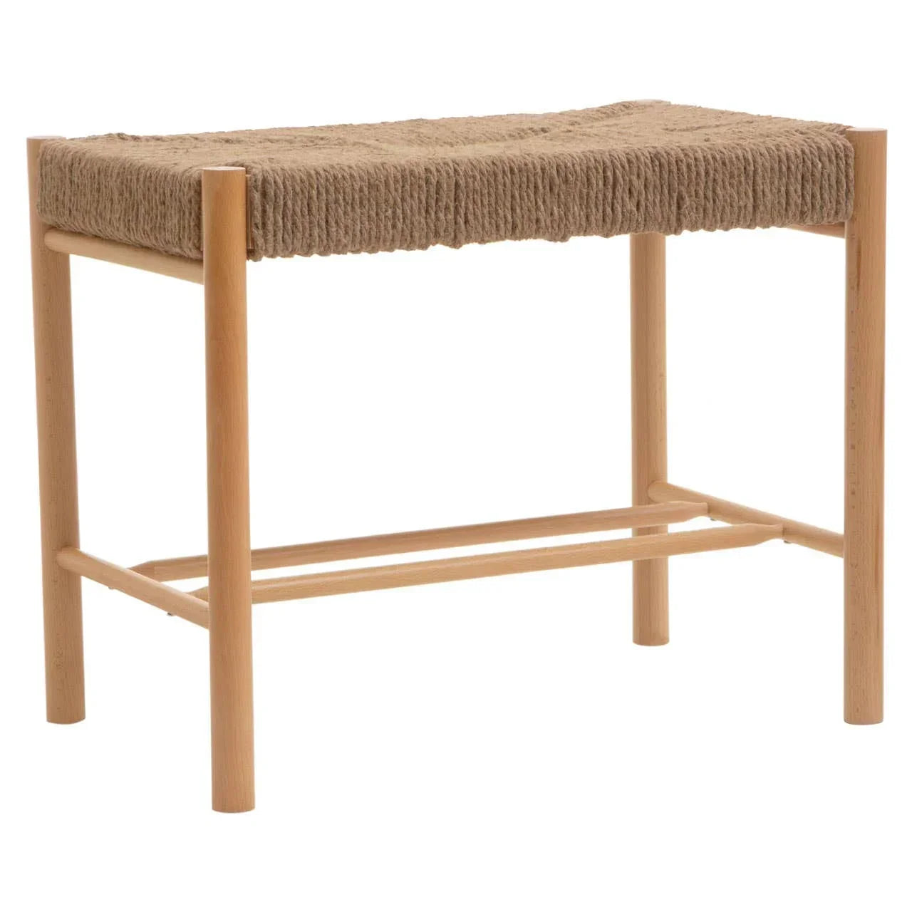 Wooden bench with woven rope seat and light wood legs, side angle view
