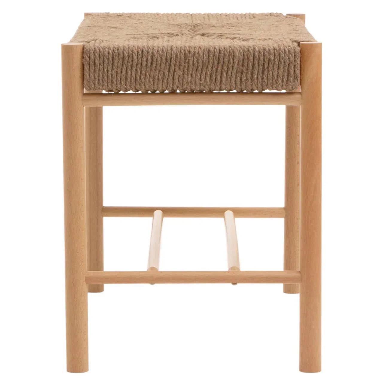 Natural wood stool with woven rope seat and side rungs, front view